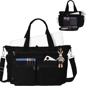 Black Corduroy Large Capacity Messenger Bag with Laptop Compartment, Zipper & Po